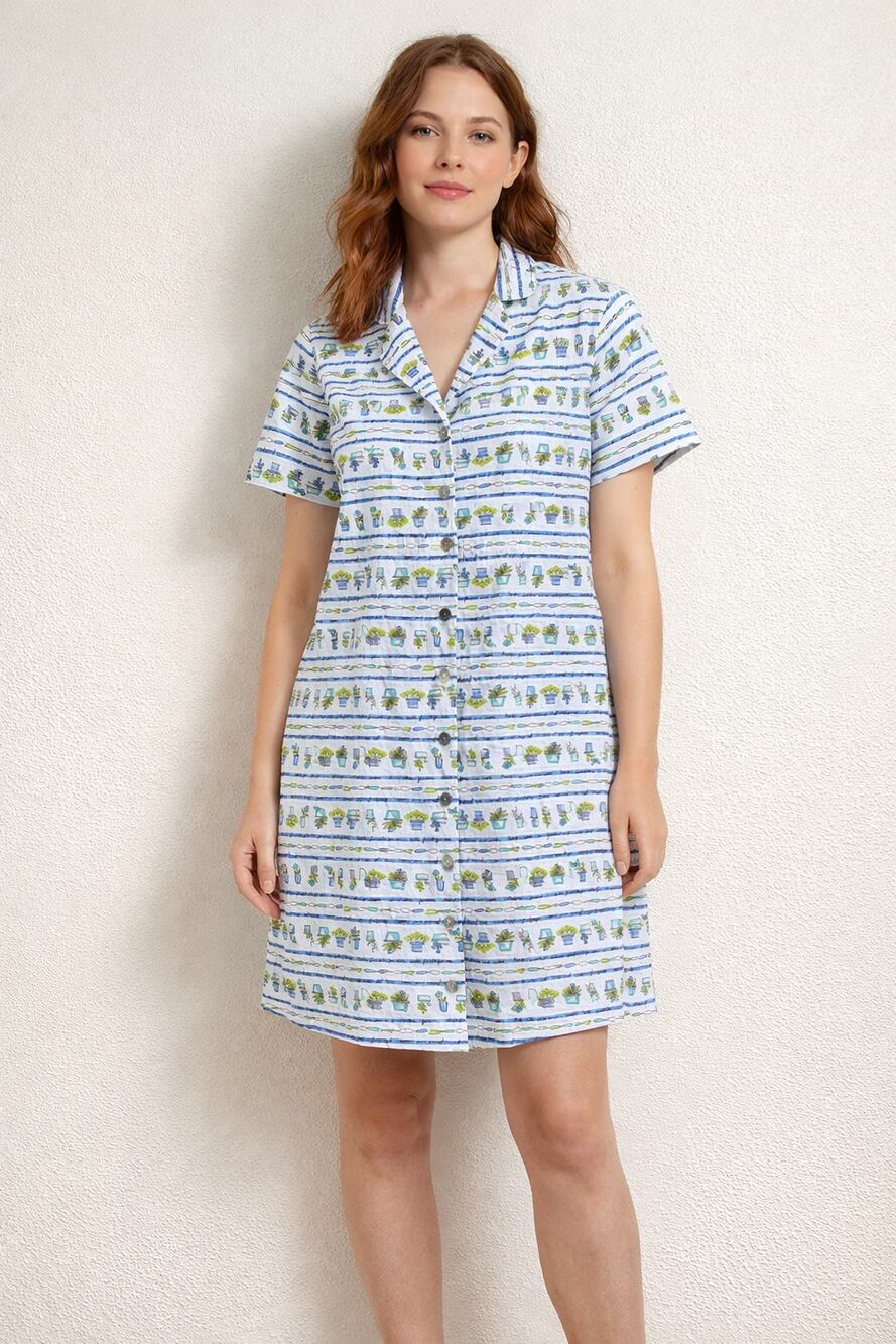 Novelty Garden Print Shirt Dress Button Front Cottagecore 100% Linen size Medium
